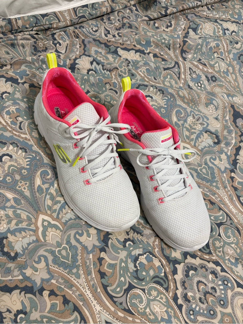 Skechers White Women's Athletic Sneakers with Pink Lining and Neon Yellow Tabs